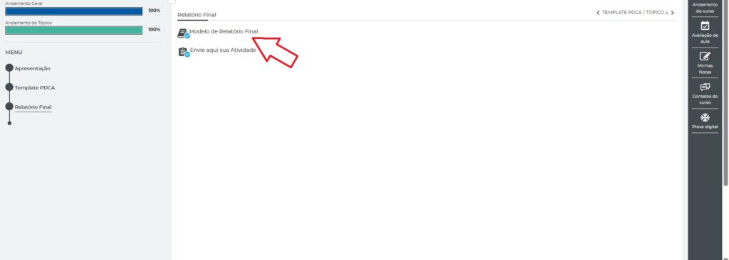 Tela da Anhanguera com o item Modelo de Relatório Final no sistema presencial