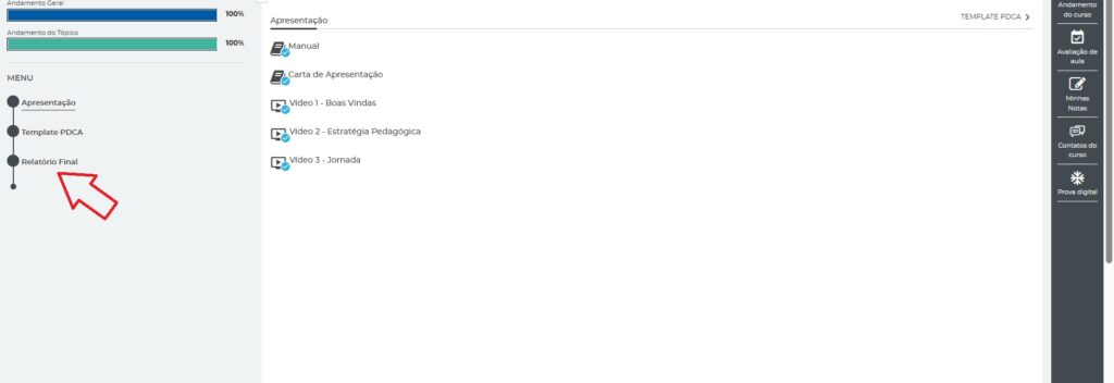 Tela do sistema da Unopar mostrando a etapa Relatório Final no ambiente presencial