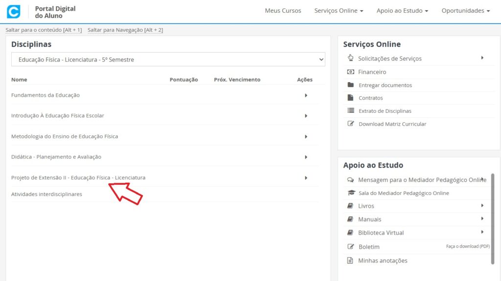 Portal do aluno da Unopar mostrando a disciplina Projeto de Extensão no sistema semipresencial