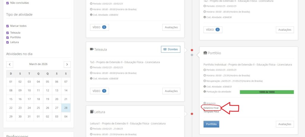 Área de Portfólio com o arquivo Relatório Final no portal semipresencial da Unopar