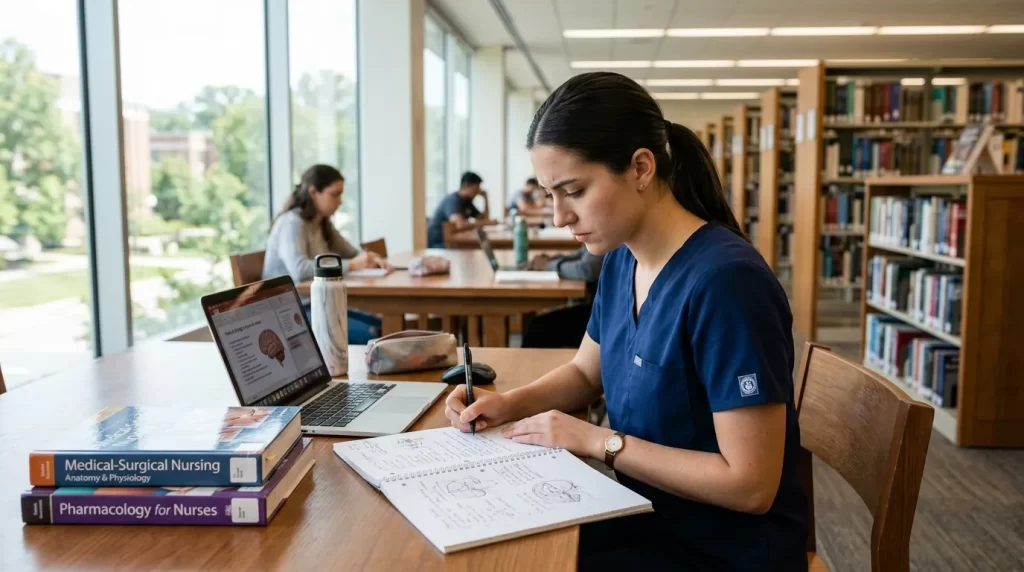 Estudante de enfermagem analisando ideias para escolher tema para TCC de enfermagem