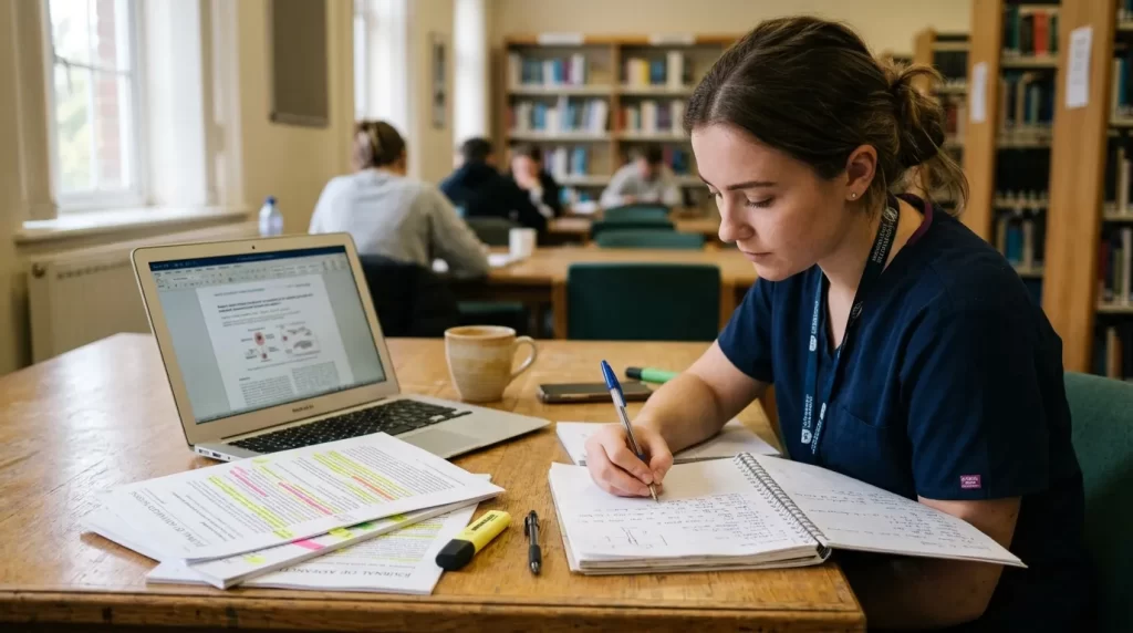 Estudante de enfermagem estruturando problema de pesquisa e objetivo do TCC de enfermagem
