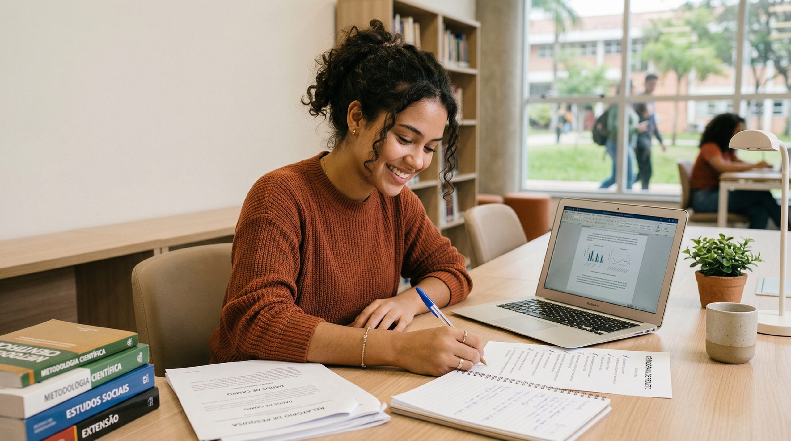 Aluno organizando informações para fazer projeto de extensão