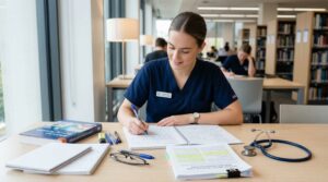 Estudante organizando materiais para TCC de enfermagem em mesa de estudos