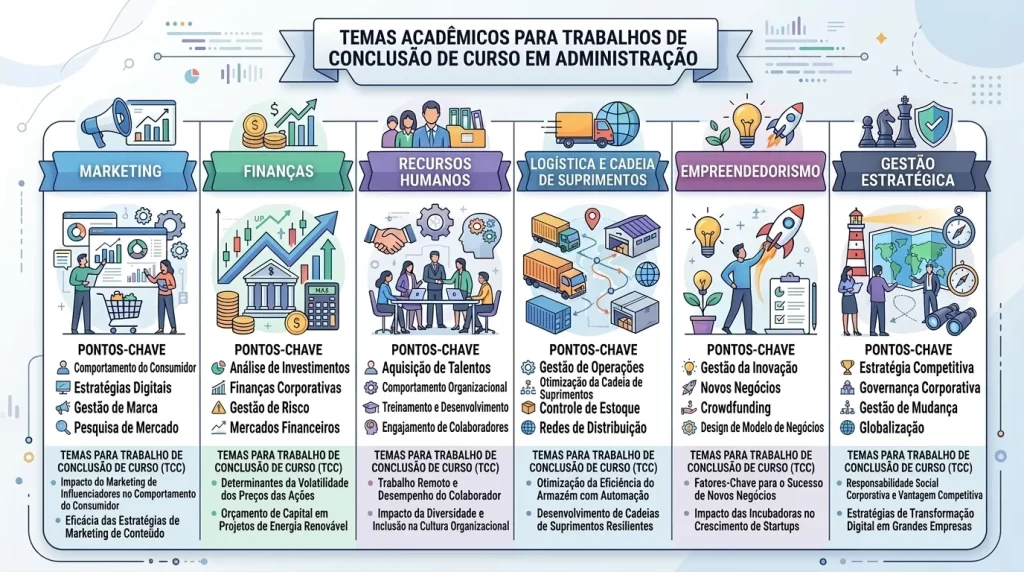 Representação visual de diferentes áreas para escolher tema de TCC em Administração
