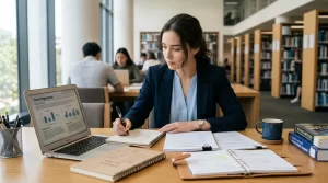 estudante organizando o TCC de Administração em uma mesa de estudos