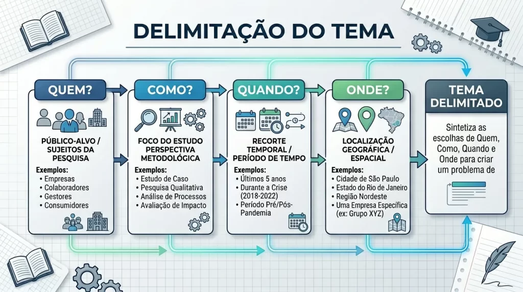 Infográfico sobre delimitação de temas para TCC de Administração com as perguntas quem, como, quando e onde
