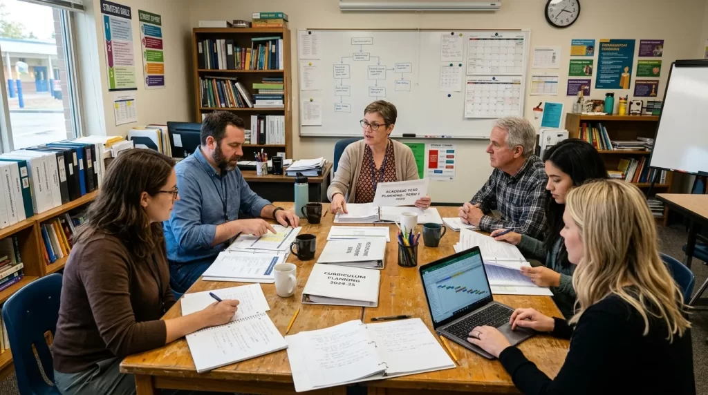 reunião de coordenação pedagógica em ambiente escolar
