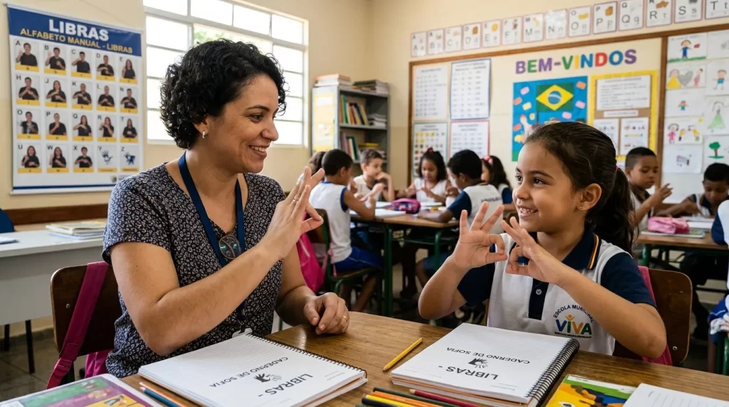 professora ensinando aluno usando libras em sala de aula