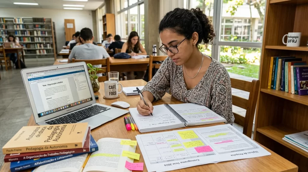 planejamento do TCC de pedagogia com anotações, cronograma e materiais de estudo