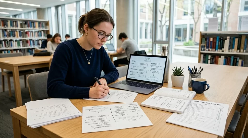 estudante organizando o início do TCC de Administração em uma mesa de estudos