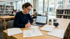 estudante organizando o início do TCC de Administração em uma mesa de estudos