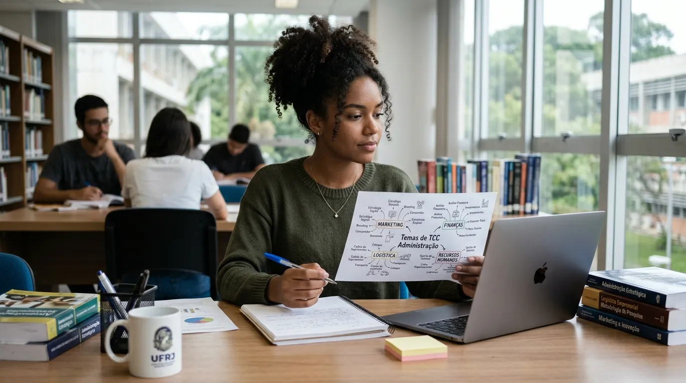Estudante organizando ideias de tema para TCC em Administração em ambiente de estudo