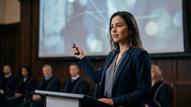 Estudante confiante apresentando TCC em banca examinadora, ambiente acadêmico formal
