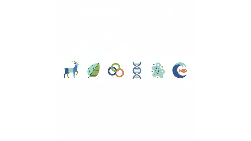 Mosaico visual com ícones representando as diferentes áreas da biologia: zoologia (animal), botânica (planta), ecologia (árvore e ciclo), genética (DNA), microbiologia (bactéria), biologia marinha (peixe)