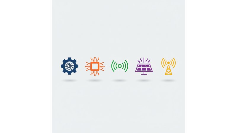 Diagrama visual mostrando as 5 principais áreas de Temas para TCC de Eletrônica: Automação, Sistemas Embarcados, IoT, Energia e Telecomunicações, com ícones representativos