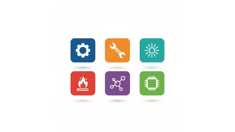Colagem visual representando as diferentes áreas de engenharia mecânica - automação, energia, manutenção, simulação