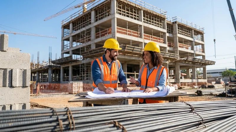 Edifício sustentável moderno com painéis solares, telhado verde e elementos de eficiência energética, representando inovação na construção civil