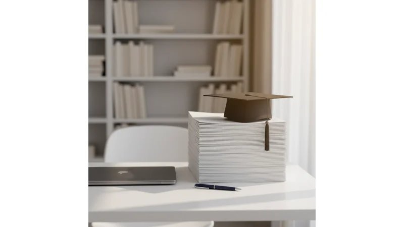 Checklist visual em formato de lista com checkboxes, ícones representando formatação, revisão e defesa, design limpo e profissional