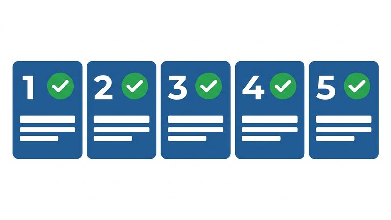Checklist visual com os 5 passos de validação marcados com checkboxes