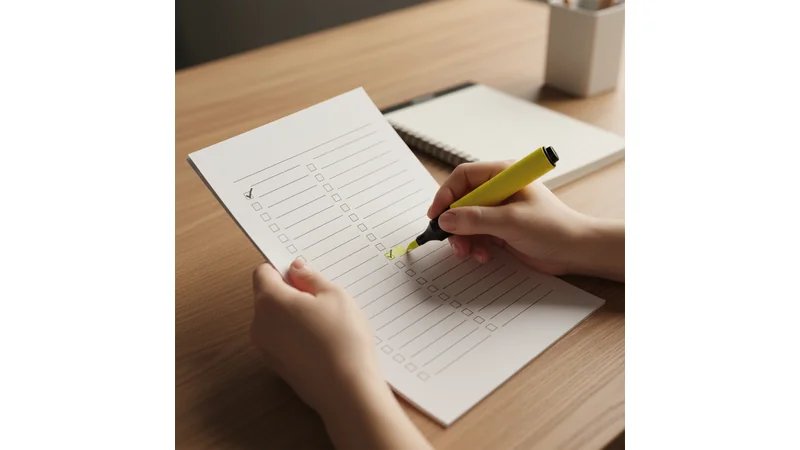 Checklist impresso com caneta marca-texto, simulando validação de critérios de viabilidade de tema de TCC