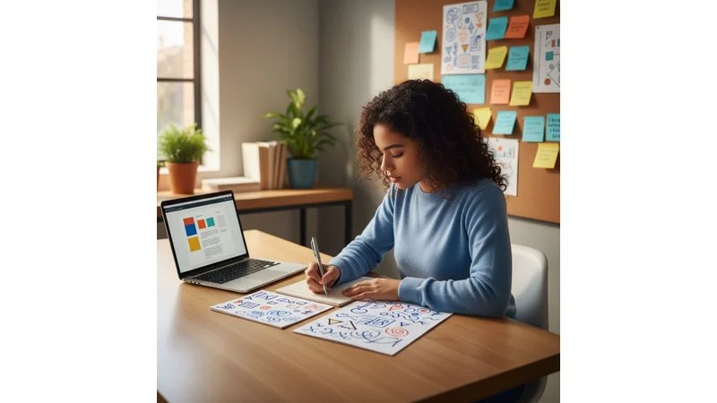 Estudante preenchendo checklist em caderno, com laptop, livros e post-its de planejamento ao redor, expressão focada e organizada