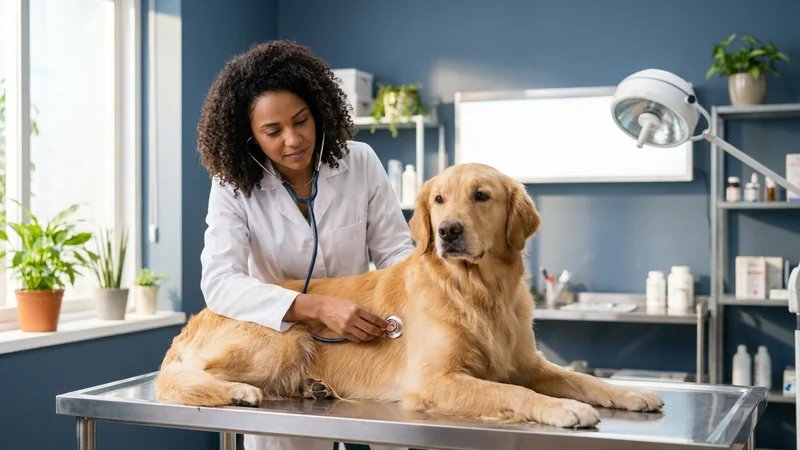 Veterinário examinando cachorro em clínica, com equipamentos modernos ao fundo, ambiente profissional