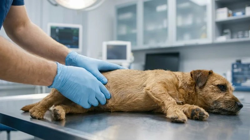 Médico veterinário examinando cão de pequeno porte em clínica veterinária moderna, com equipamentos de diagnóstico ao fundo