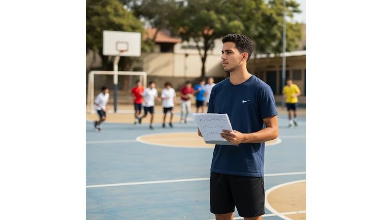 Estudante de Educação Física aplicando questionário em uma quadra esportiva, com alunos do ensino médio ao fundo, ambiente escolar