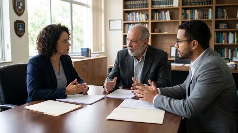 Comitê de ética reunido analisando documentos, ambiente acadêmico formal e sério