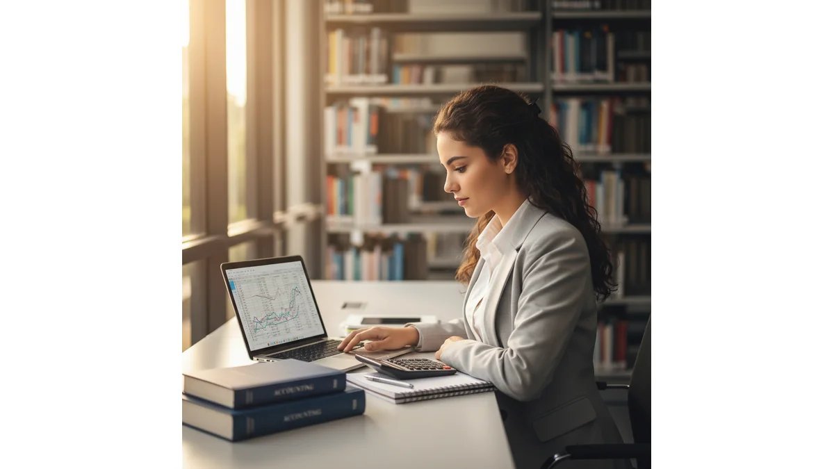 Estudante de Ciências Contábeis concentrado em frente ao computador, com livros de contabilidade, calculadora e demonstrações financeiras sobre a mesa, ambiente de estudo organizado e profissional