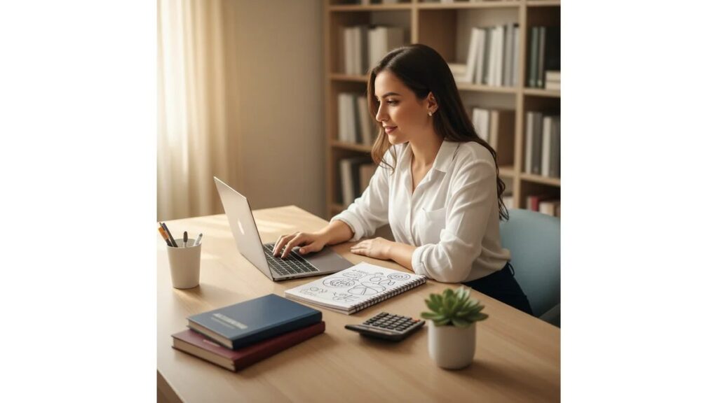 Estudante de Contabilidade trabalhando em como fazer TCC de Contabilidade com notebook, livros e material organizado sobre mesa