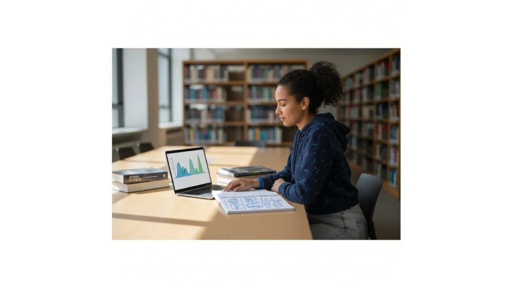 Estudante de Educação Física planejando como fazer TCC de educação física em biblioteca universitária, cercada de livros e laptop