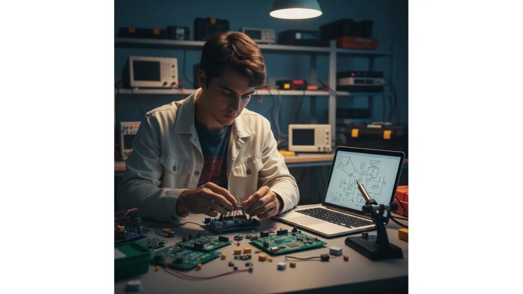 Estudante brasileiro de engenharia trabalhando em bancada de laboratório universitário com protótipo Arduino e componentes eletrônicos para como fazer TCC de eletromecânica