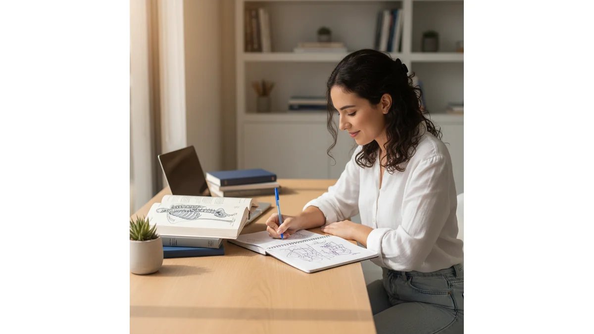 Estudante de fisioterapia sorrindo porque agora sabe como fazer tcc de fisioterapia, enquanto escreve em notebook, com livros de anatomia e fisioterapia ao lado, ambiente de estudo organizado e iluminado