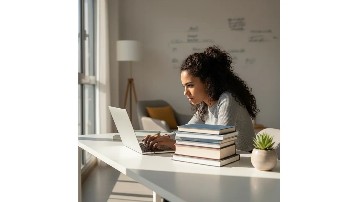 Estudante universitário trabalhando em laptop com livros e anotações sobre Gestão de Pessoas, ambiente organizado e motivador
