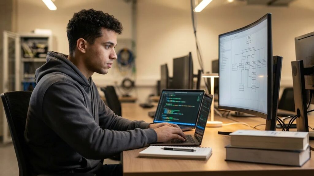 Estudante de Informática brasileiro trabalhando em TCC com código Python visível na tela do laptop, ambiente de estudo moderno com livros de programação e segundo monitor mostrando diagramas