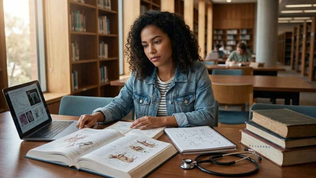 Estudante de Medicina Veterinária estudando como fazer TCC de Medicina Veterinária em biblioteca universitária, com livros de anatomia veterinária, laptop e anotações sobre a mesa