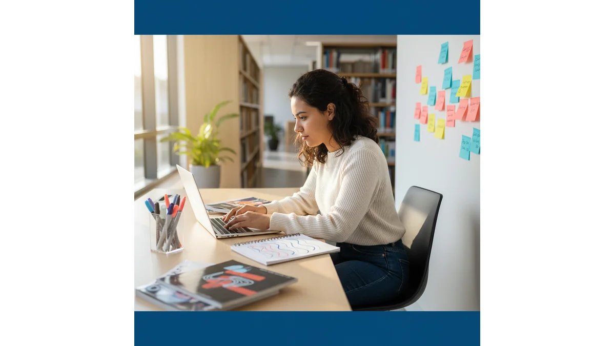Estudante aprendendo como fazer tcc de Publicidade e Propaganda, trabalhando em laptop com materiais de campanha publicitária espalhados na mesa, cadernos e post-its coloridos ao fundo