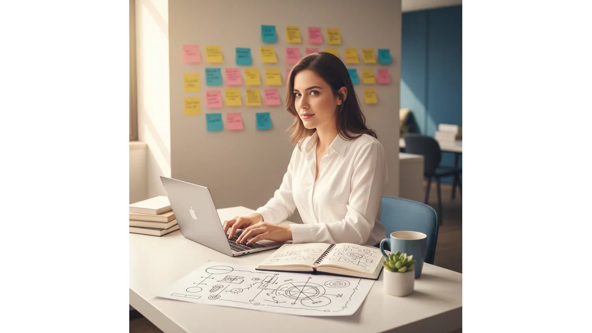 Estudante de Recursos Humanos apresendendo como fazer tcc de recursos humanos, trabalhando em laptop em ambiente profissional moderno, com livros de RH e anotações sobre gestão de pessoas na mesa