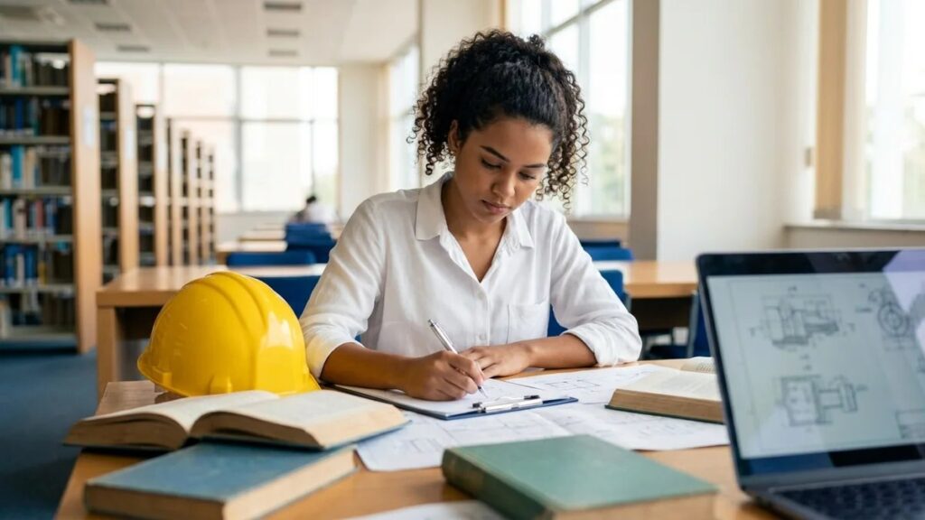 Estudante de Segurança do Trabalho fazendo TCC em biblioteca universitária com capacete, laptop, documentos ABNT e livros de normas regulamentadoras sobre mesa