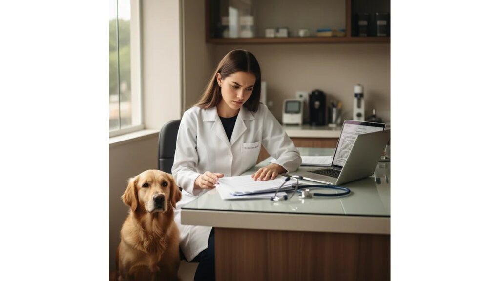 Estudante de veterinária em jaleco branco analisando documentos acadêmicos em clínica veterinária moderna, com cachorro golden retriever ao lado e laptop aberto — como fazer TCC de veterinária