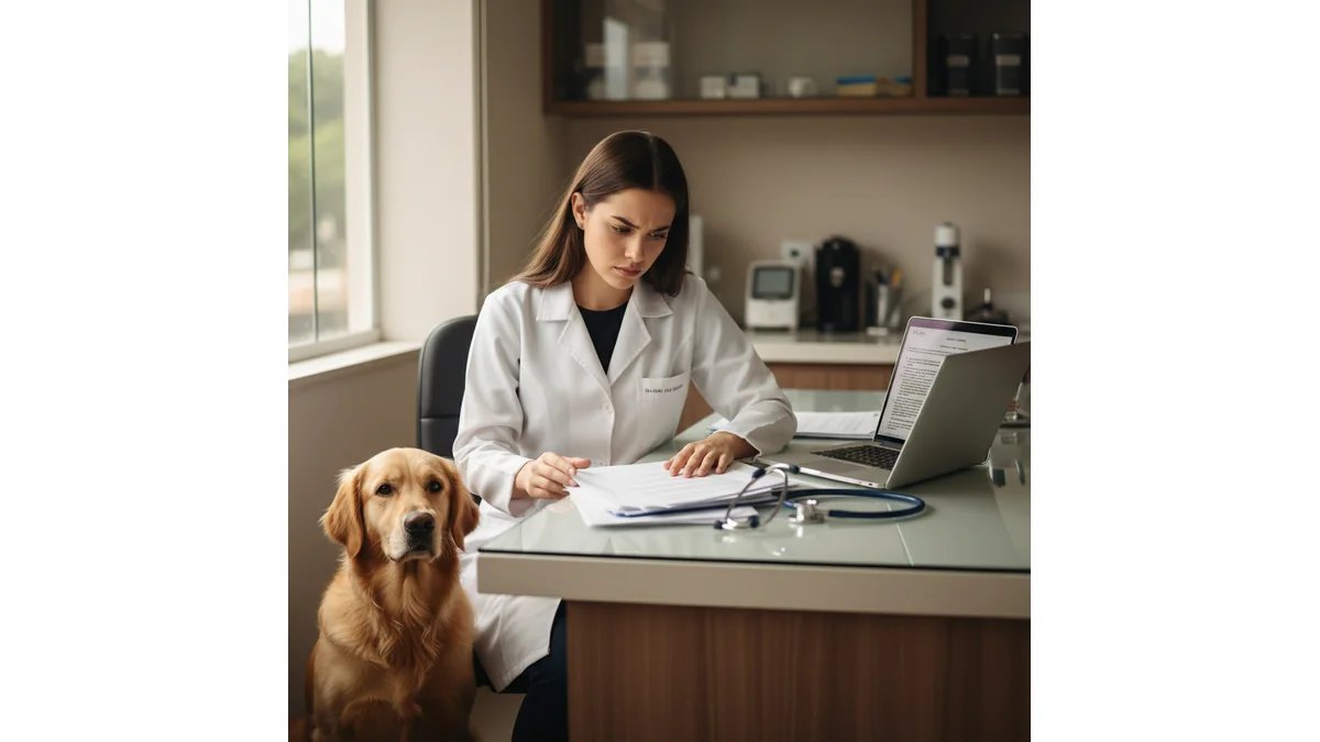 Estudante de veterinária em jaleco branco analisando documentos em uma clínica veterinária, com um cachorro ao lado e computador aberto mostrando texto acadêmico