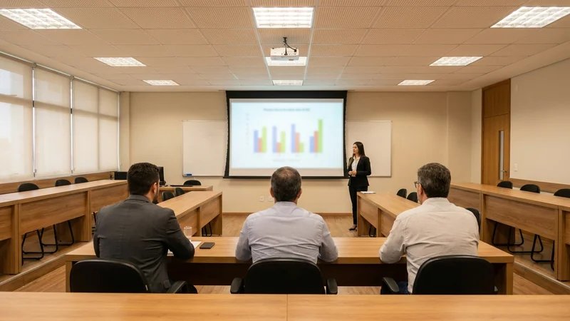 Estudante apresentando TCC em projetor, com banca ao fundo em sala de defesa