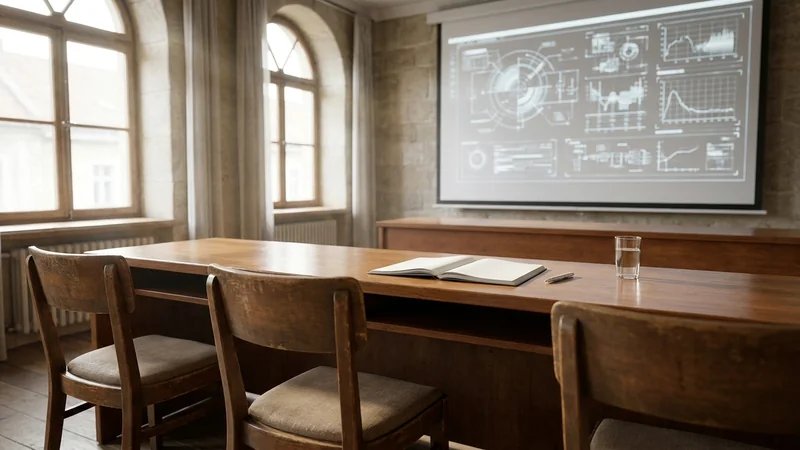 Estudante apresentando TCC em projetor para banca examinadora em sala de defesa acadêmica