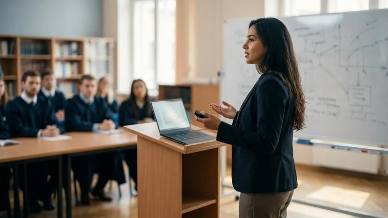 Estudante de direito confiante apresentando TCC para banca examinadora, ambiente de defesa acadêmica, expressão de segurança e profissionalismo