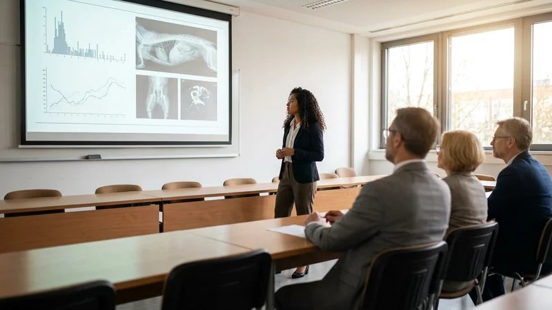 Estudante apresentando TCC em sala de defesa, com slides projetados e banca de professores atentos