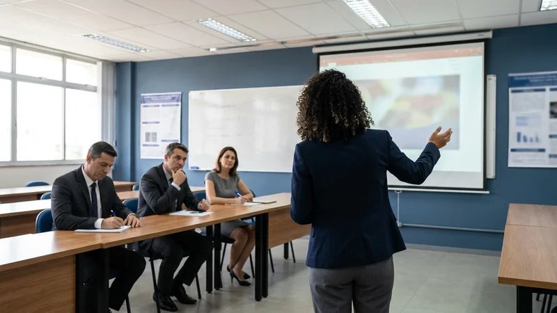 Estudante apresentando TCC medicina veterinaria para banca examinadora em sala de aula, ambiente acadêmico formal