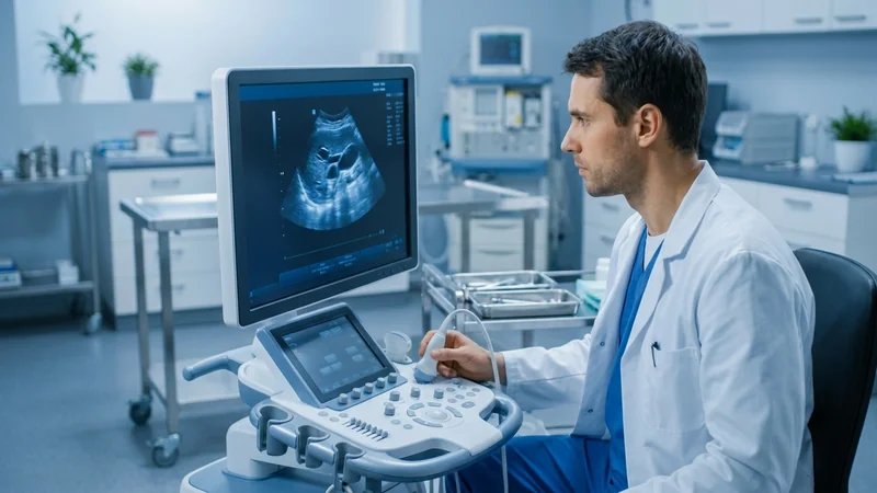 Veterinário analisando imagem de ultrassonografia em monitor moderno, com equipamento de diagnóstico por imagem ao fundo
