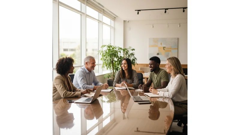 Equipe diversa trabalhando colaborativamente em mesa de reunião, mostrando pessoas de diferentes gêneros, etnias e idades interagindo de forma positiva